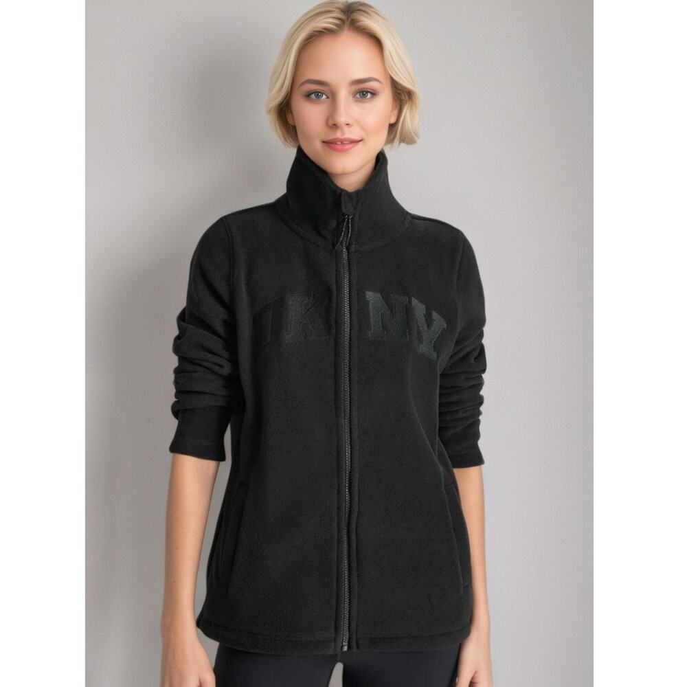 NWOT DKNY SportTech Fleece Full Zip Jacket Varsity Twill Logo Black S